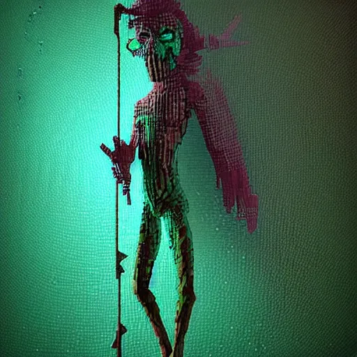 Image similar to voxel painting by greg rutkowski of a drowned zombie holding a trident with glowing cyan eyes, wearing ragged clothing, holding a trident, underwater, pastel green and blue color palette