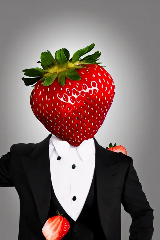Prompt: a strawberry man wearing a tuxedo, he has a giant strawberry instead of a head, wearing a fedora