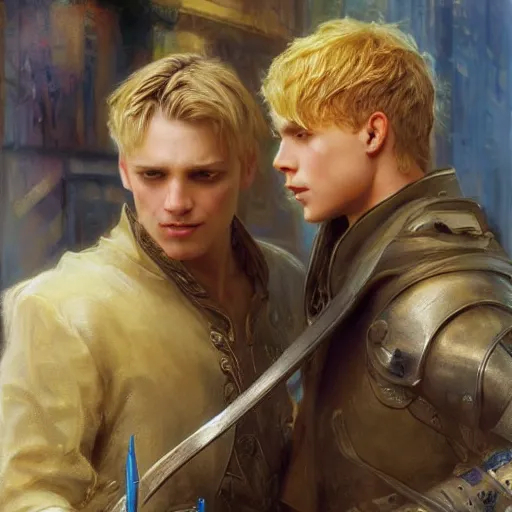 Image similar to attractive male, arthur pendragon who has blond hair confesses his love to attractive male, merlin who has dark hair. highly detailed painting by gaston bussiere, craig mullins, j. c. leyendecker 8 k