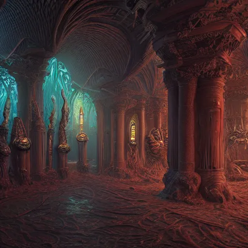 Image similar to photorealistic eldritch honeypunk alien architecture in the style of gustave dore and michael whelan. hyperdetailed photorealism, 1 0 8 megapixels, amazing depth, high resolution, 3 d shading, 3 d finalrender, 3 d cinematic lighting, glowing rich colors, psychedelic overtones, artstation concept art.