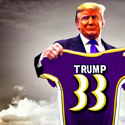 Image similar to Donald Trump wearing a Baltimore Ravens jersey. realistic. 8k. Highly detailed.