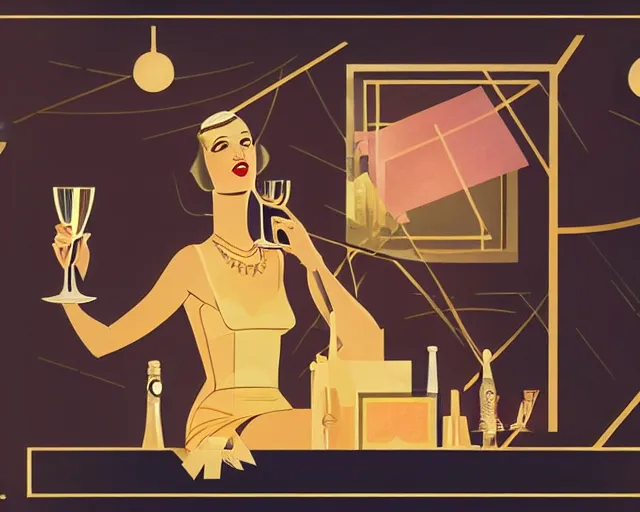 Image similar to 1 9 3 0 s teenager in art deco style, champagne commercial, artstation, illustration, bright, cheerful, detailed and intricate environment