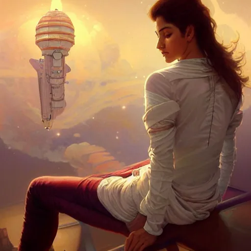 Image similar to Sensuous good looking pale young Indian doctors wearing jeans in a space station above Earth, portrait, elegant, intricate, digital painting, artstation, concept art, smooth, sharp focus, illustration, art by artgerm and greg rutkowski and alphonse mucha