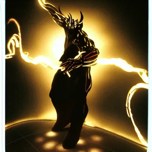 Image similar to a movie still with the balrog from lord of the ring in tron, highly detailed, realistic, photo, polaroid