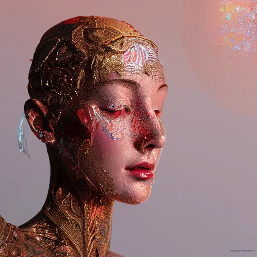 Prompt: abstract highly detailed female sculpture portrait made of white marble and red crystals quartz and minerals, ethereal lights, fine details, artstation, film still, rim light, cinematic photoshooting, illustration, 8 k, intricate golden filigree, octane render, hypperrealistic painting, abstract liquid acrylic art, painting by james gilleard and minna sundberg