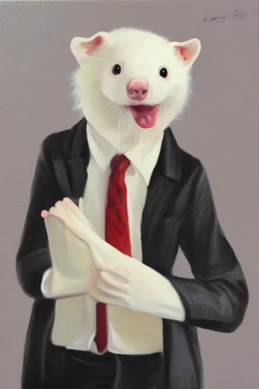 Prompt: An albino ferret, anthropomorphic, dressed as fonzie from happy days. Oil on canvas.