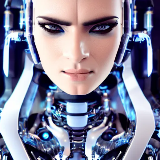 Image similar to beautiful angry cybernetic goddess, symmetrical, cinematic, hyper realism, high detail, octane render, 8k