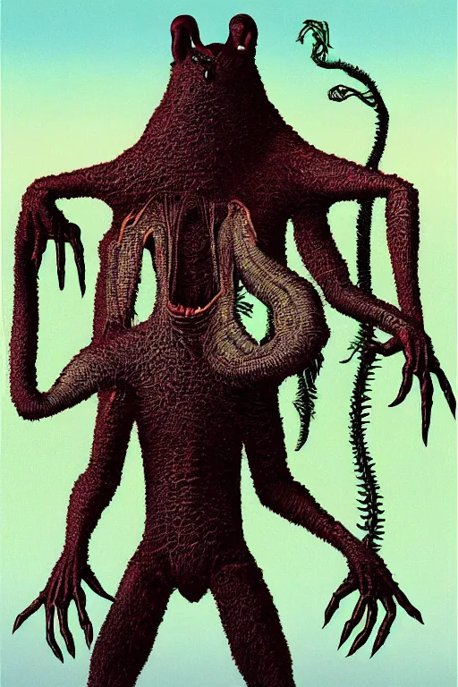 Image similar to Artwork by Tim White of Abe the Forgotten Beast, A towering humanoid composed of rose gold, with a gaunt appearance and a matted grey fur