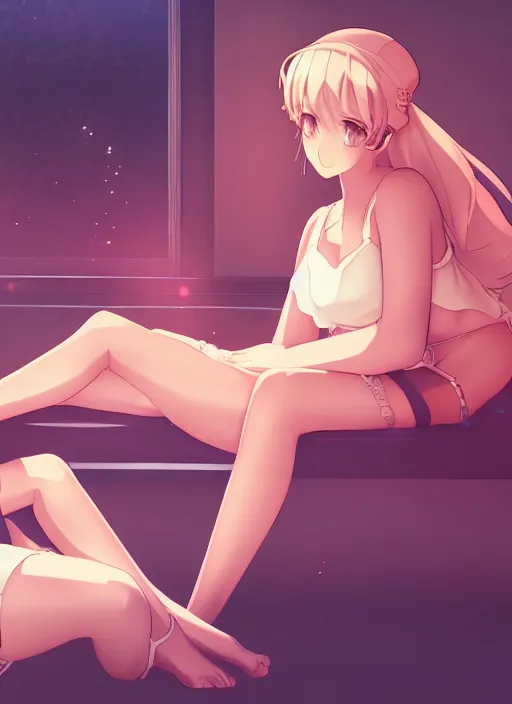Image similar to two beautiful identical women sitting on a hot summer evening, gorgeous faces, thick lines, cinematic lighting, detailed anime art