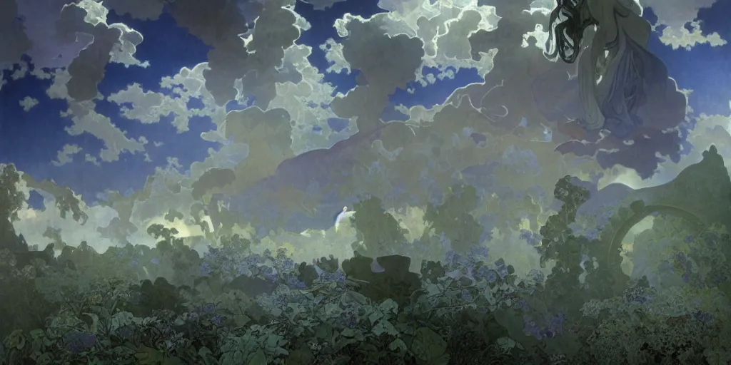 Image similar to photorealistic epic landscape with swirls of mist by alphonse mucha and maxfield parrish. ominous clouds, intense light beams, strange levitating stones, stones falling from the sky, swirls of mist by alphonse mucha. occult photorealism, uhd, amazing depth, glowing, volumetric lighting, cinematic lighting.