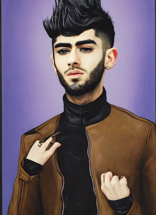 Prompt: portrait of zayn malik as an elf by charles angrand, only one head single portrait, pointy ears, wearing a black leather collared jacket