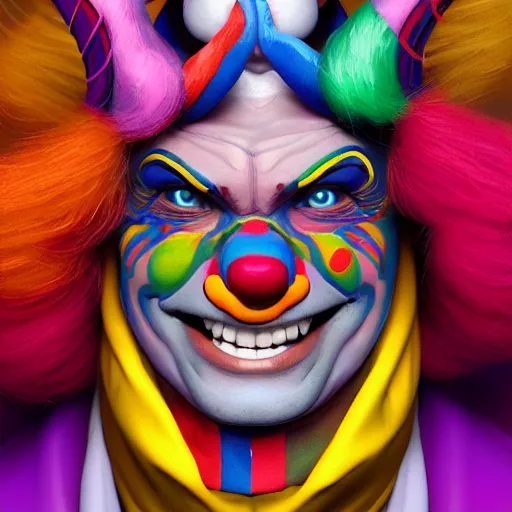 Image similar to Portrait of a colorful happy joyful clown, artstation, cgsociety, masterpiece