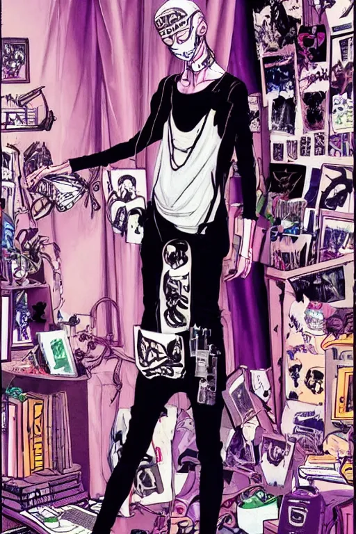 Image similar to a skinny goth guy wearing a face mask standing in a cluttered 9 0 s bedroom, full body character concept art, vaporwave colors, hirohiko araki art, inio asano art,