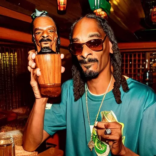 Image similar to snoop dogg at trader vic's bar holding a tiki mug with his face on it