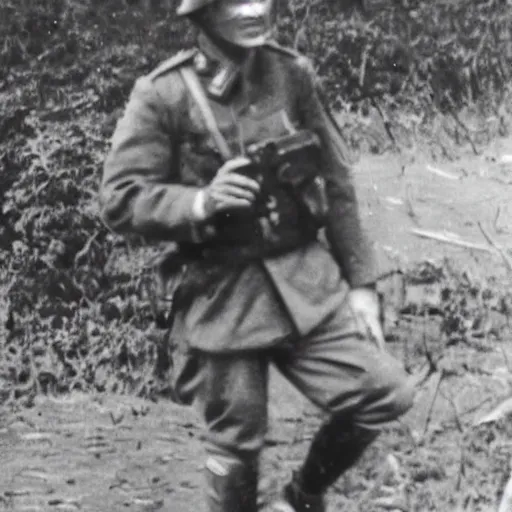 Prompt: old photograph of a time traveler in world war 2