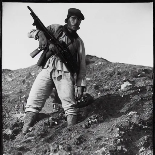 Image similar to Loyalist Militiaman at the Moment of Death, Cerro Muriano, September 5, 1936 by Robert Capa, courtesy of the Metropolitan Museum of Art, white shirt, rifle, extended arms, hillslope