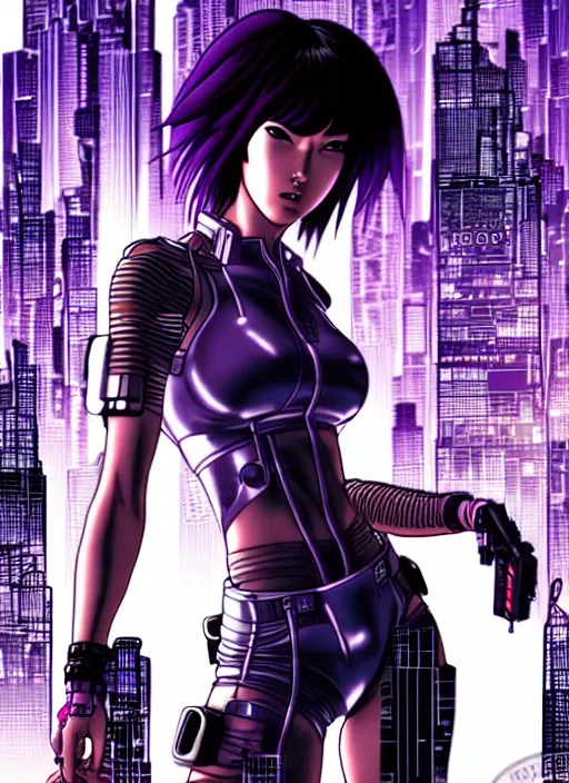 Image similar to motoko kusanagi in grungy cyberpunk megacity, intricate and finely detailed, cyberpunk vaporwave, portrait by j scott campbell, phil jimenez, ilya kuvshinov