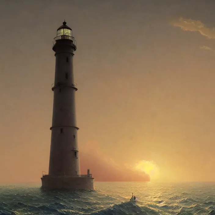 Prompt: a beautiful painting of a lighthouse on the sea, sunset by ivan aivazovsky and zdzisław beksinski and rene magritte and greg rutkowski and james gurney, in style of digital art. hyper detailed, sharp focus, soft light. octane render. maya. ray tracing. trending on artstation