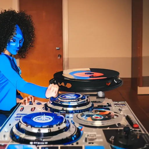 Prompt: a heroic woman wearing a blue super hero outfit playing on turntables