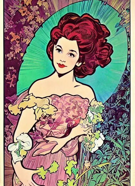 Image similar to a beautiful young woman. she is a flower fairy. well composed, clean elegant painting, beautiful detailed face. retro comic book art by steve ditko and jack kirby and ( alphonse mucha )