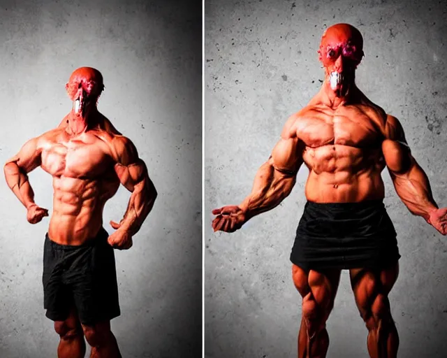 Prompt: human - cake hybrid, muscular arms, studio photography, humanoid cake