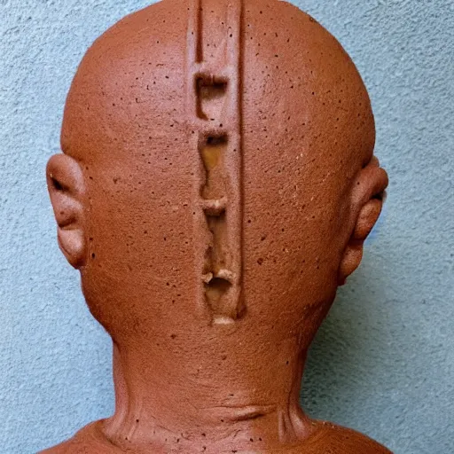 Image similar to clay man back of head peeled back to expose control panel and an exclamation point is above his head