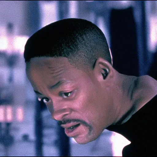 Image similar to film still of Will Smith as Neo in The Matrix fighting an agent