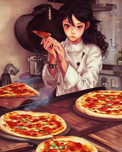 Prompt: a girl cooking a pizza, full shot, visible face, ambient lighting, detailed, art by ayami kojima, makoto shinkai, kilian eng