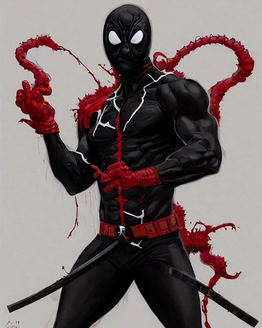 Image similar to highly detailed closeup portrait of a mutated venom symbiote in deadpool suit with a fierce expression, wearing his katana, by atey ghailan, by greg rutkowski, by greg tocchini, by james gilleard, by joe fenton, by kaethe butcher, red, black, crimson and grey color scheme