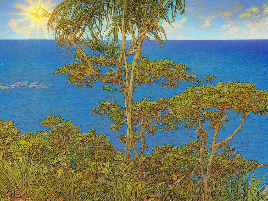 Image similar to Kalapaki Kauai, Hidden lava rock beach lagoon vista, Sunlight Study, by Rebecca Guay and (((((Alphonse Mucha))))) and ((((((Lisa Frank)))))), Art Nouveau, 8k, intense detail, sharp focus