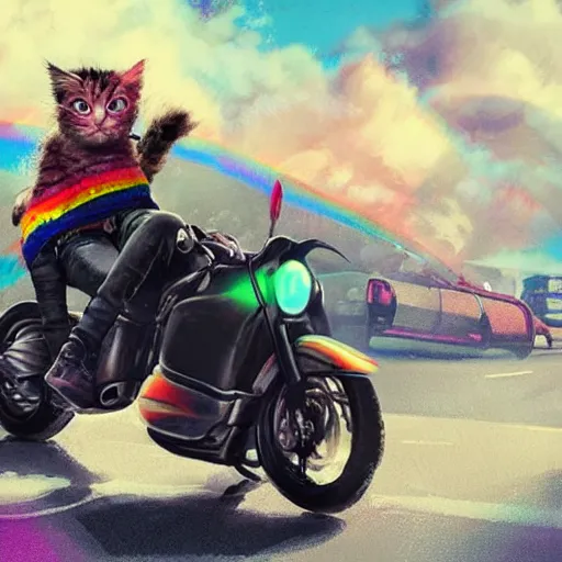 Image similar to wide angle full body, jacket wearing fluffy cute rainbow kitten wearing a black leather motorcycle jacket, riding on a motorcycle, cinematic concept art