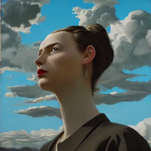 Prompt: close up of the face of beautiful woman, clouds in background, dramatic lighting, painting by neo rauch, highly detailed
