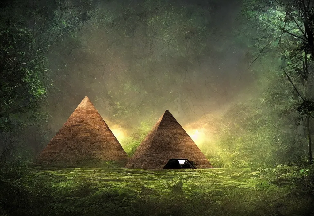 Image similar to a abandoned eerie pyramid in the jungle, dark, firefly, digital art,