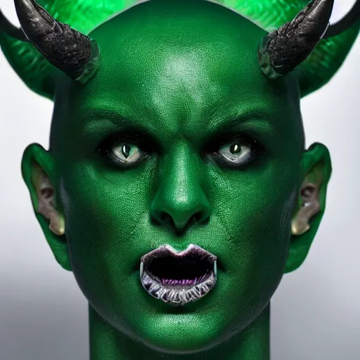 Image similar to a demon inspired by emeralds created by the make up artist hungry, photographed by andrew thomas huang, cinematic, expensive visual effects