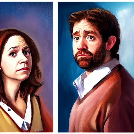 Image similar to portrait painting of jim halpert and pam beesly, in the style of caravaggio