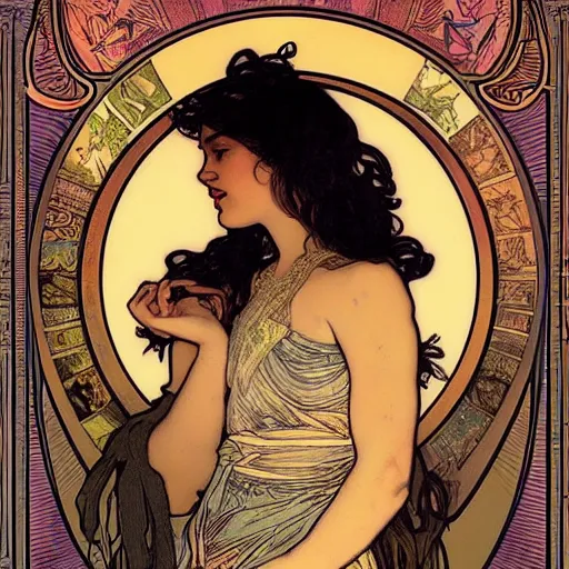 Image similar to tessa thompson portrait by louis - theophile hingre and alphonse mucha, realistic, sharp focus, zodiac signs, tarot cards, planets, ethereal, art nouveau, magic, moon, sun, crown, dreamy, royal, jewellery