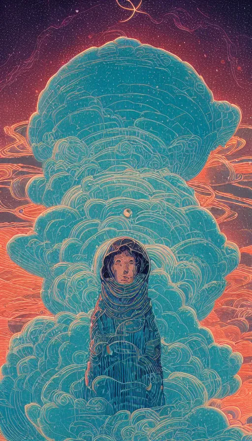 Image similar to the oracle of ancient bibliophiles floating on starlit cosmic cloudscape, futurism, dan mumford, victo ngai, kilian eng, da vinci, josan gonzalez