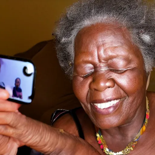 Prompt: my African grandma was taking a selfie in the living room and closed her eyes because the camera flash was too bright in her face