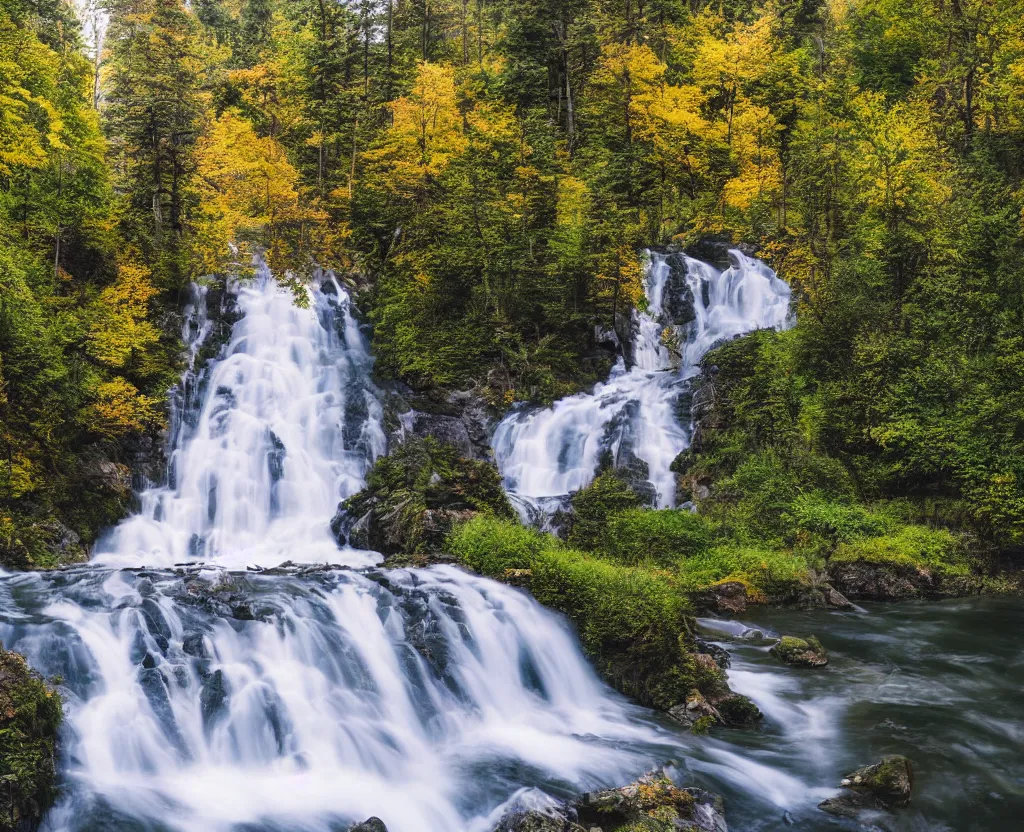 Image similar to the most beautiful panoramic 3 5 mm photography where a giant dreamy waterfall creates a river the trees around are starting and a deer