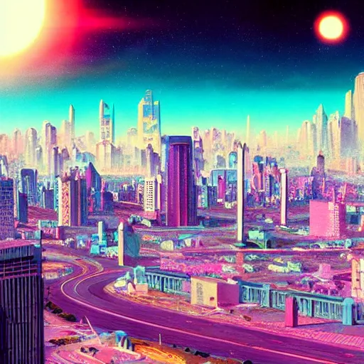 Prompt: a retrowave aesthetic! Planetary City by Ansel Adams and Bernardo Bellotto