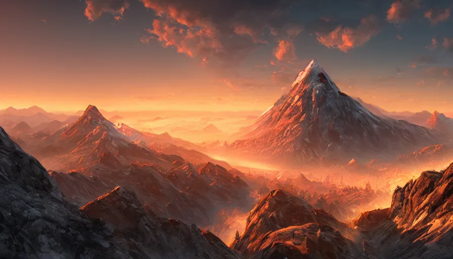 Prompt: a mountain on a mountain on a mountain, sunrise, hyperdetailed, artstation, cgsociety, 8 k