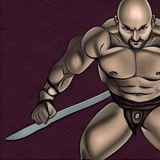 Image similar to muscular bald man, tattooed body, sword in hands, HD, anime style,