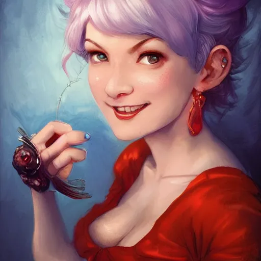 Prompt: a smiling happy beautiful barmaid with short blue hair wearing a satin red dress in a rustic saloon, beautiful blue eyes, fantasy, intricate and very beautiful and elegant, highly detailed, digital painting, artstation, concept art, smooth and sharp focus, illustration, art by peter mohrbacher and tan zi and artgerm