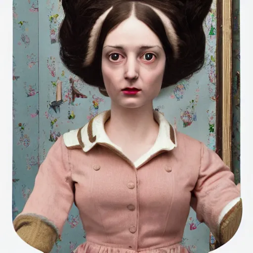 Prompt: a realistic image of a women from a wes anderson film looking at the camera mark ryden, 3 d 8 k ultra detailed