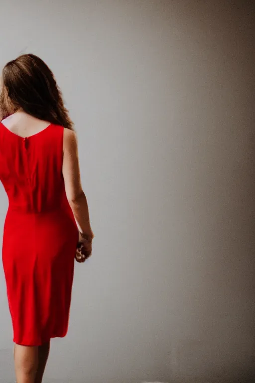 Image similar to woman in a red sleeveless dress, out of focus