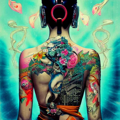 Prompt: cyberpunk geisha in a lotus position, wearing a flowing kimono and tattoos, 8 k wide angle shot, by tristan eaton, stanley artgermm, tom bagshaw, greg rutkowski, carne griffiths, ayami kojima, beksinski, giger, trending on deviantart, hyper detailed, cybernetic, full of colour, brain