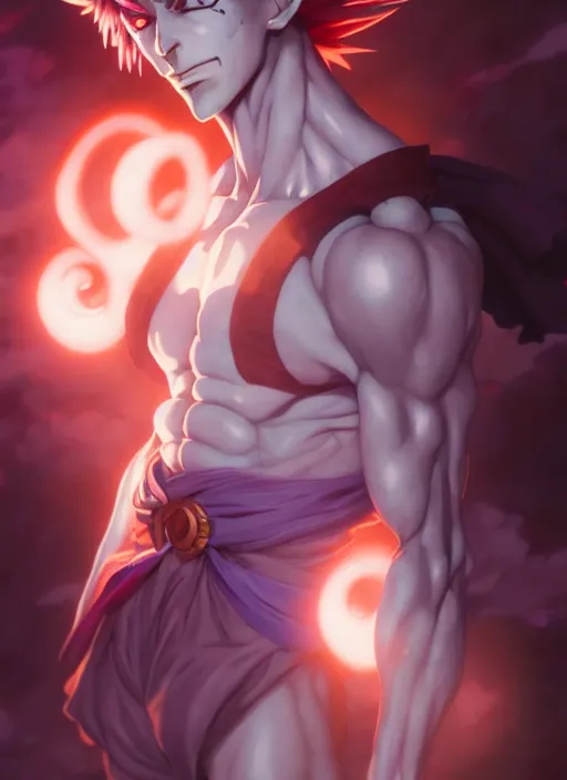 Image similar to hisoka from hunter × hunter, dark, anime, peter mohrbacher, path traced, half body shot, kelly mckernan, alfonso mucha, cinematic, concept artbook, artstation, video game, pixar, unreal engine, 8 k