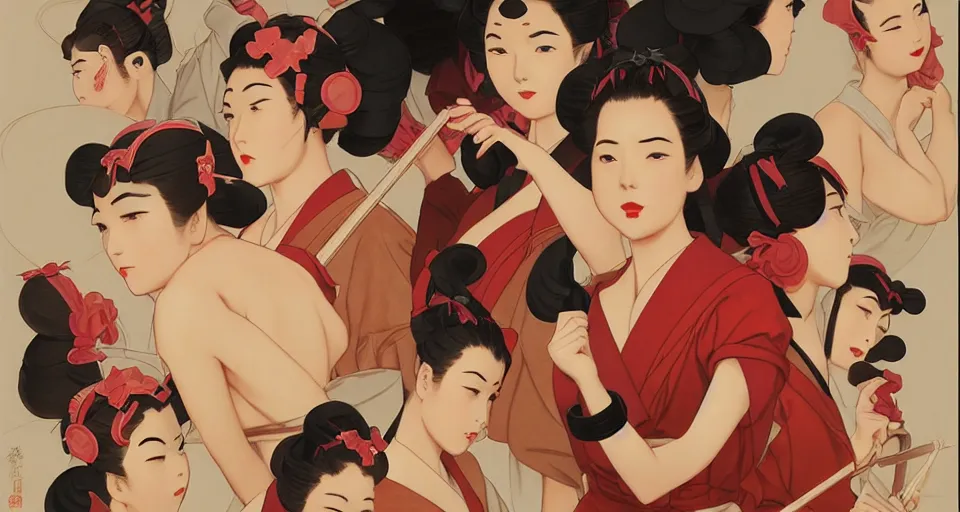Image similar to geisha training school, in the style of studio ghibli, j. c. leyendecker, greg rutkowski, artgerm