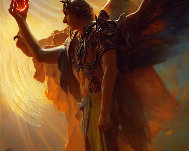 Image similar to attractive male deity, casting demonic magic, summoning handsome lucifer morning star. highly detailed painting by gaston bussiere, craig mullins, j. c. leyendecker 8 k