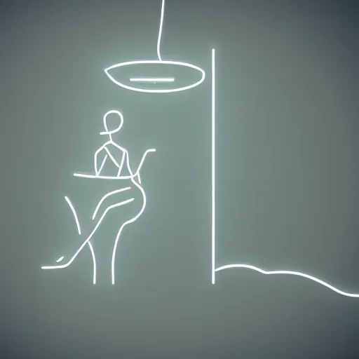 Image similar to a large neon lamp shaped as a woman placed in a living room, designer pencil 3d sketch, HD resolution